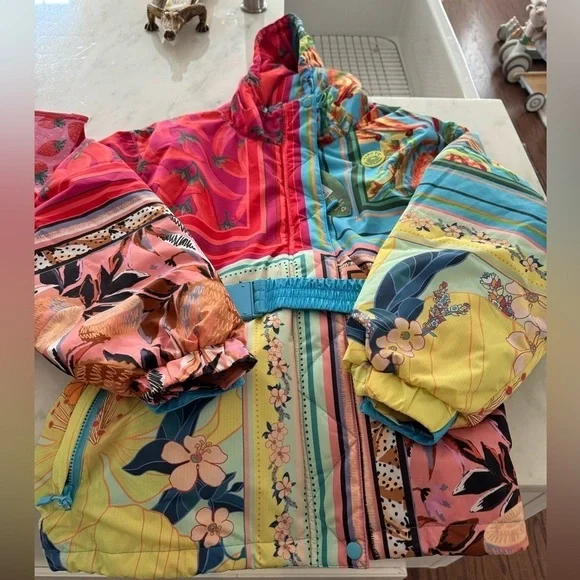 Farm Rio- NWT Multicolored Hooded Mix Scarves Printed Puffer Belted Ski Jacket - Picture 8 of 10